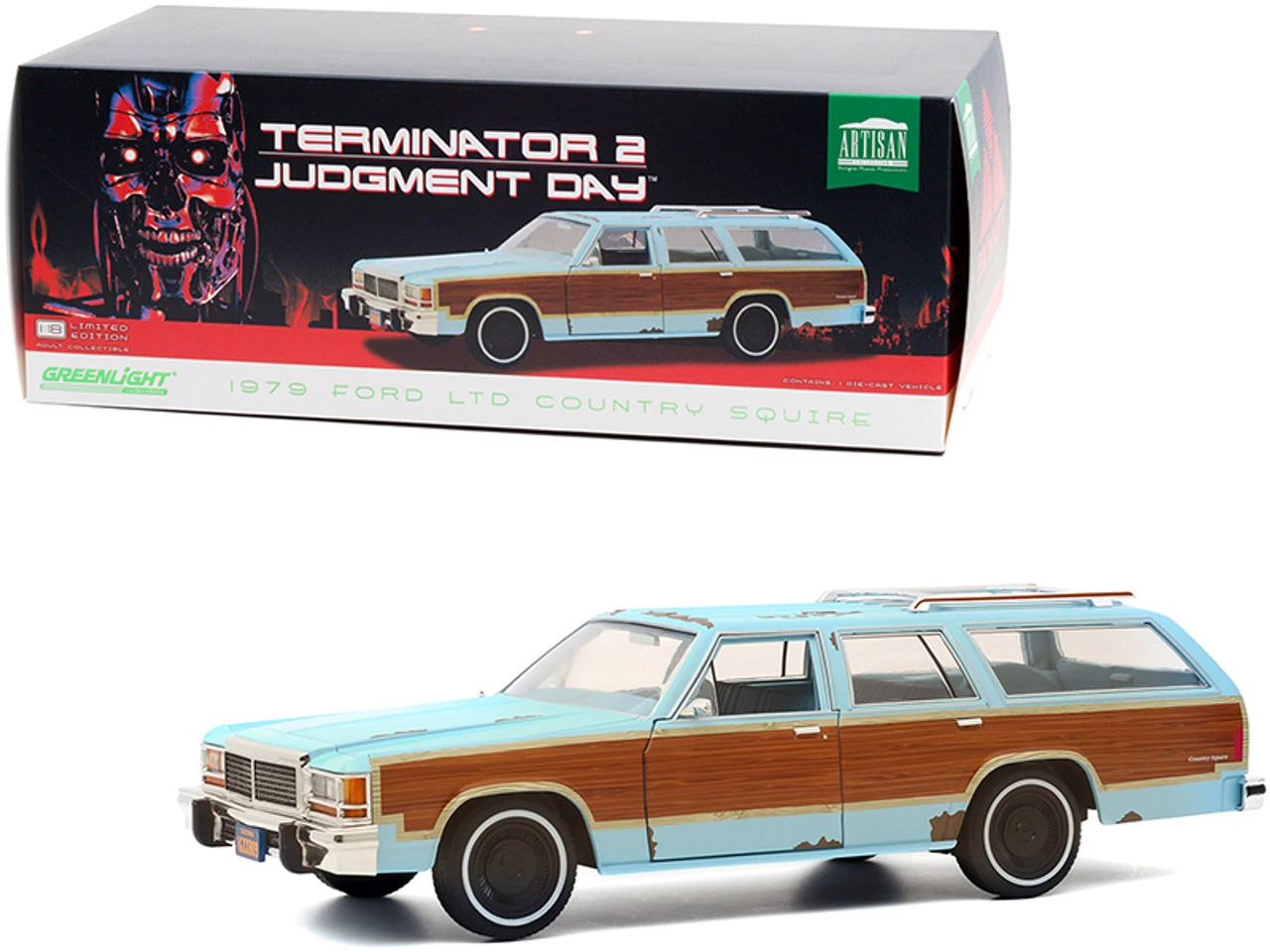 1979 Ford LTD Country Squire Light Blue With Wood Grain Paneling (Weathered) "Terminator 2: Judgment Day" (1991) Movie 1/18 Diecast Model Car By Greenlight 3 1979 Ford LTD Country Squire Light Blue With Wood Grain Paneling (Weathered) "Terminator 2: Judgment Day" (1991) Movie 1/18 Diecast Model Car By Greenlight