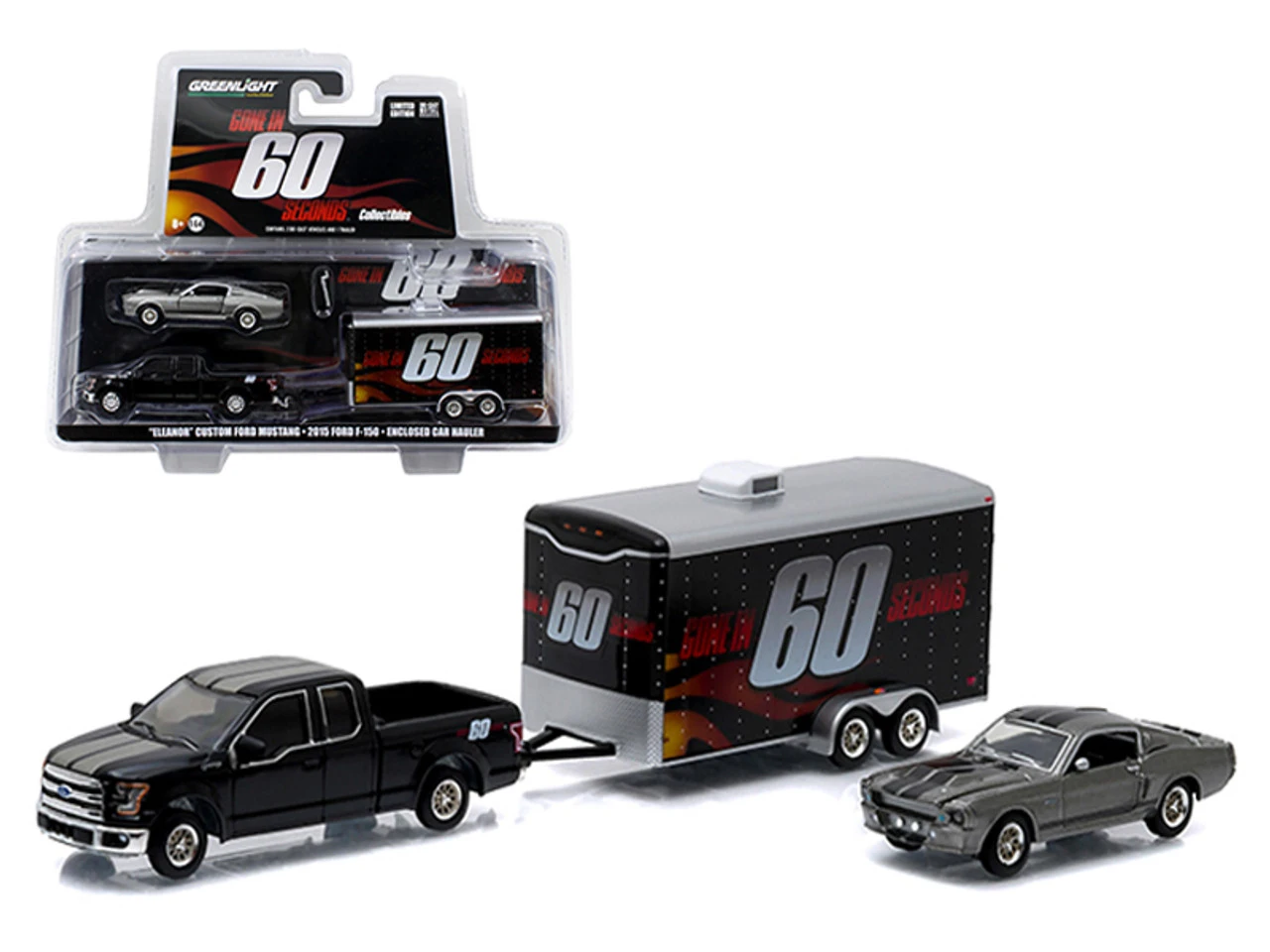 2015 Ford F-150 Pickup Truck And 1967 Custom Ford Mustang "Eleanor" With Enclosed Car Hauler Set "Gone In 60 Seconds" Movie 1/64 Diecast Model Cars By Greenlight