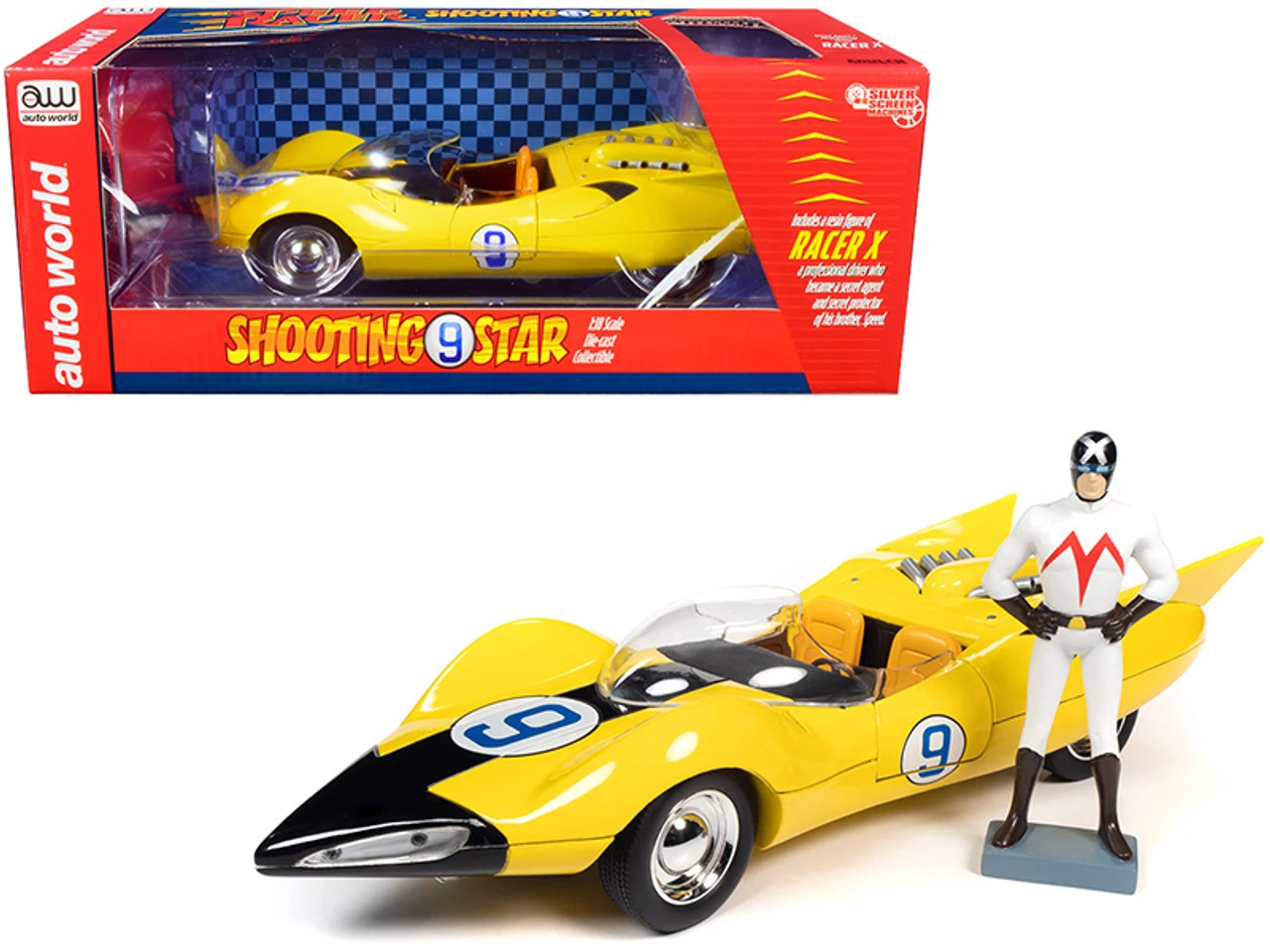 Auto World Shooting Star #9 Yellow And Racer X Figurine "Speed Racer" Anime Series 1/18 Diecast Model Car By Autoworld 3 Auto World Shooting Star #9 Yellow And Racer X Figurine "Speed Racer" Anime Series 1/18 Diecast Model Car By Autoworld