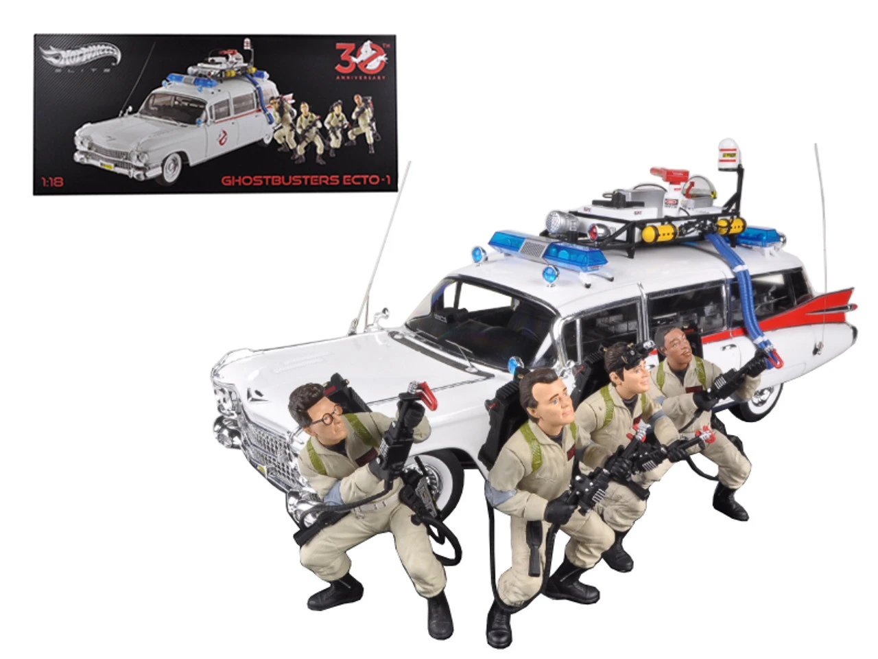 1/18 Hotwheels Hot Wheels Elite 1959 Cadillac Ambulance Ecto-1 From "Ghostbusters 1" Movie 30th Anniversary With 4 Figures Diecast Car Model