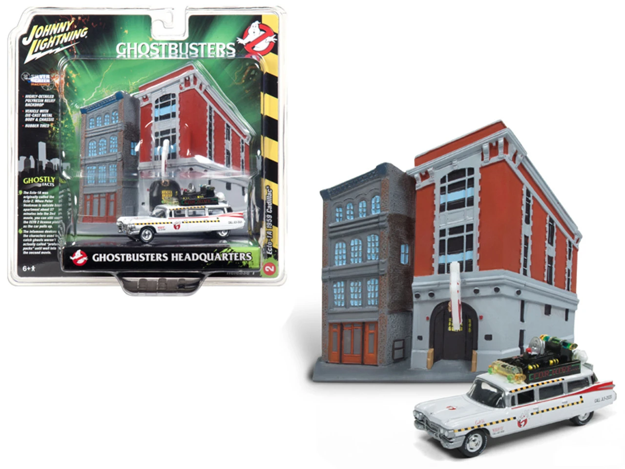 1/64 Johnny Lightning 1959 Cadillac Ecto-1A Ambulance With Firehouse Exterior Diorama From "Ghostbusters II" (1989) Movie