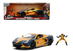 2020 Chevrolet Corvette C8 Stingray Gold Metallic And Dark Blue And Wolverine Diecast Figurine "X-Men" "Marvel" Series "Hollywood Rides" 1/24 Diecast Model Car By Jada