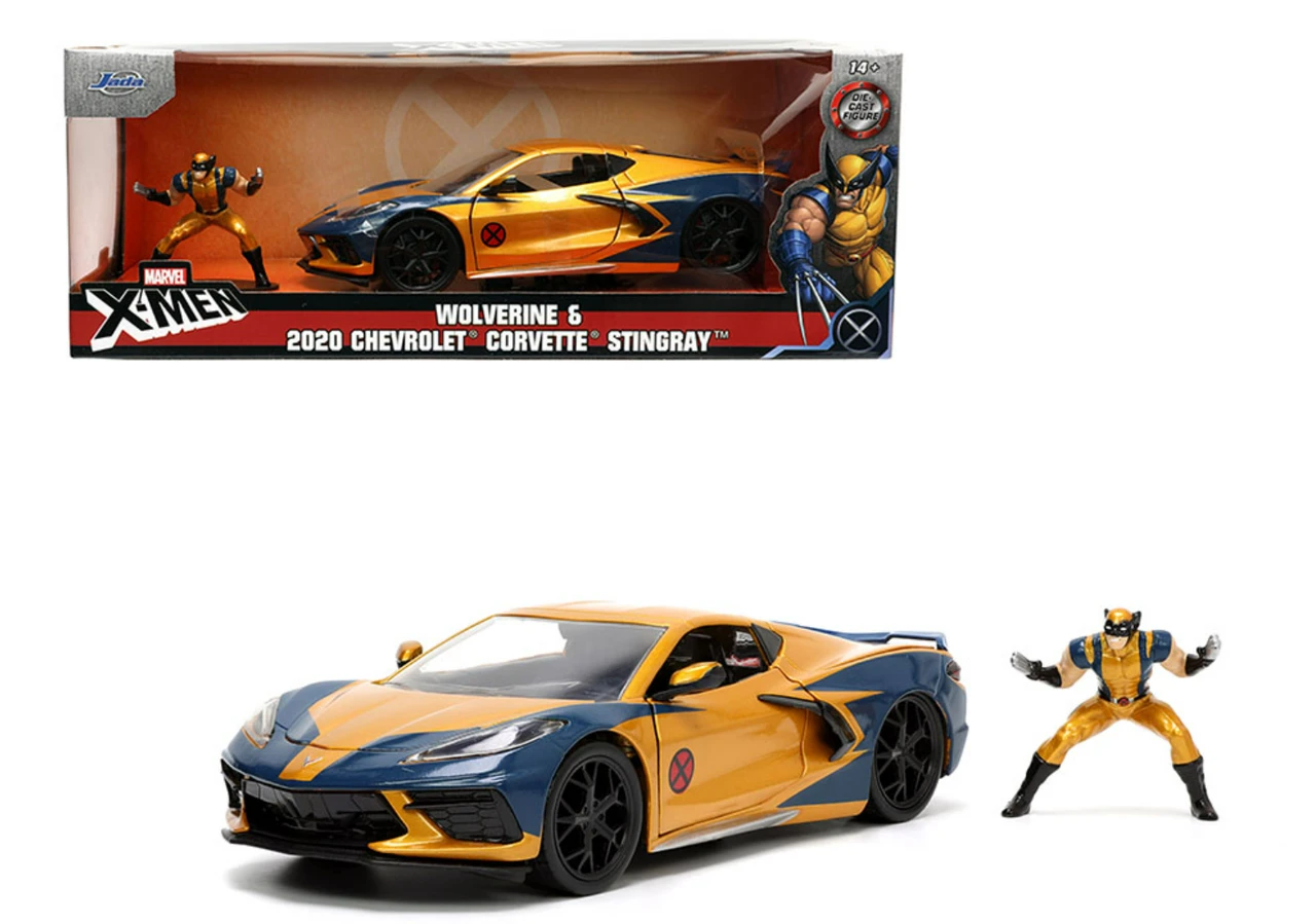 2020 Chevrolet Corvette C8 Stingray Gold Metallic And Dark Blue And Wolverine Diecast Figurine "X-Men" "Marvel" Series "Hollywood Rides" 1/24 Diecast Model Car By Jada 3 2020 Chevrolet Corvette C8 Stingray Gold Metallic And Dark Blue And Wolverine Diecast Figurine "X-Men" "Marvel" Series "Hollywood Rides" 1/24 Diecast Model Car By Jada